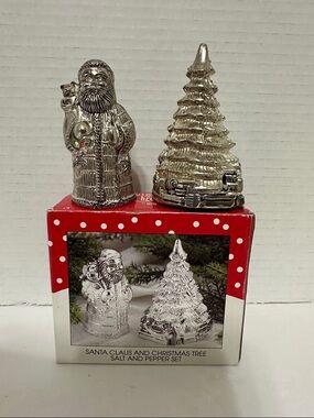 1995 Silver Plated Holiday Santa & Tree Decorative Salt and Pepper Shakers